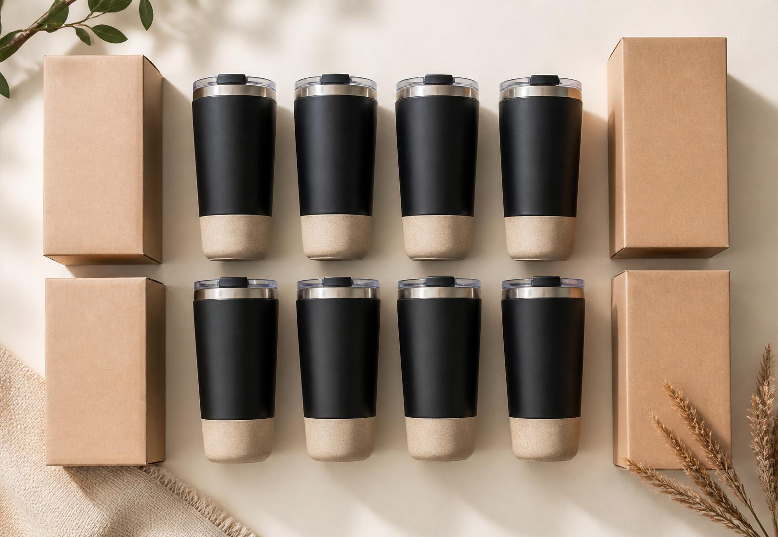 Pedido corporativo de copos térmicos personalizados com embalagens kraft