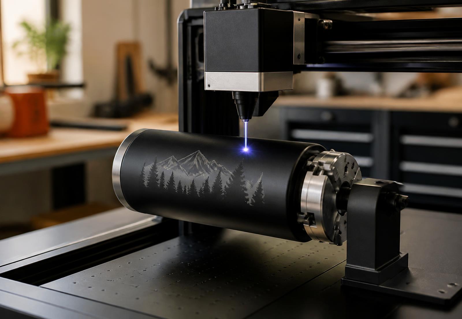 Máquina de gravação a laser personalizando um copo térmico preto